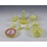 A small collection of Victorian vaseline yellow glass, to include naturalistic tree trunk / thorn