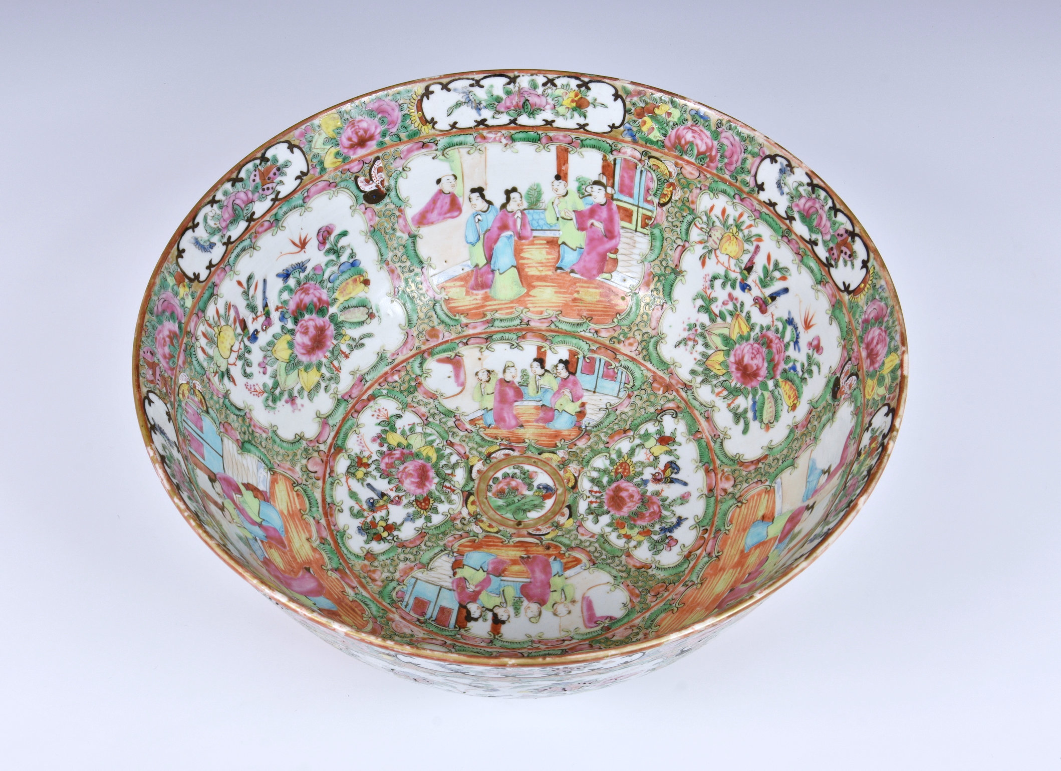 A large Chinese Canton famille rose punch bowl, 19th century, typically enamelled with alternate - Image 5 of 7