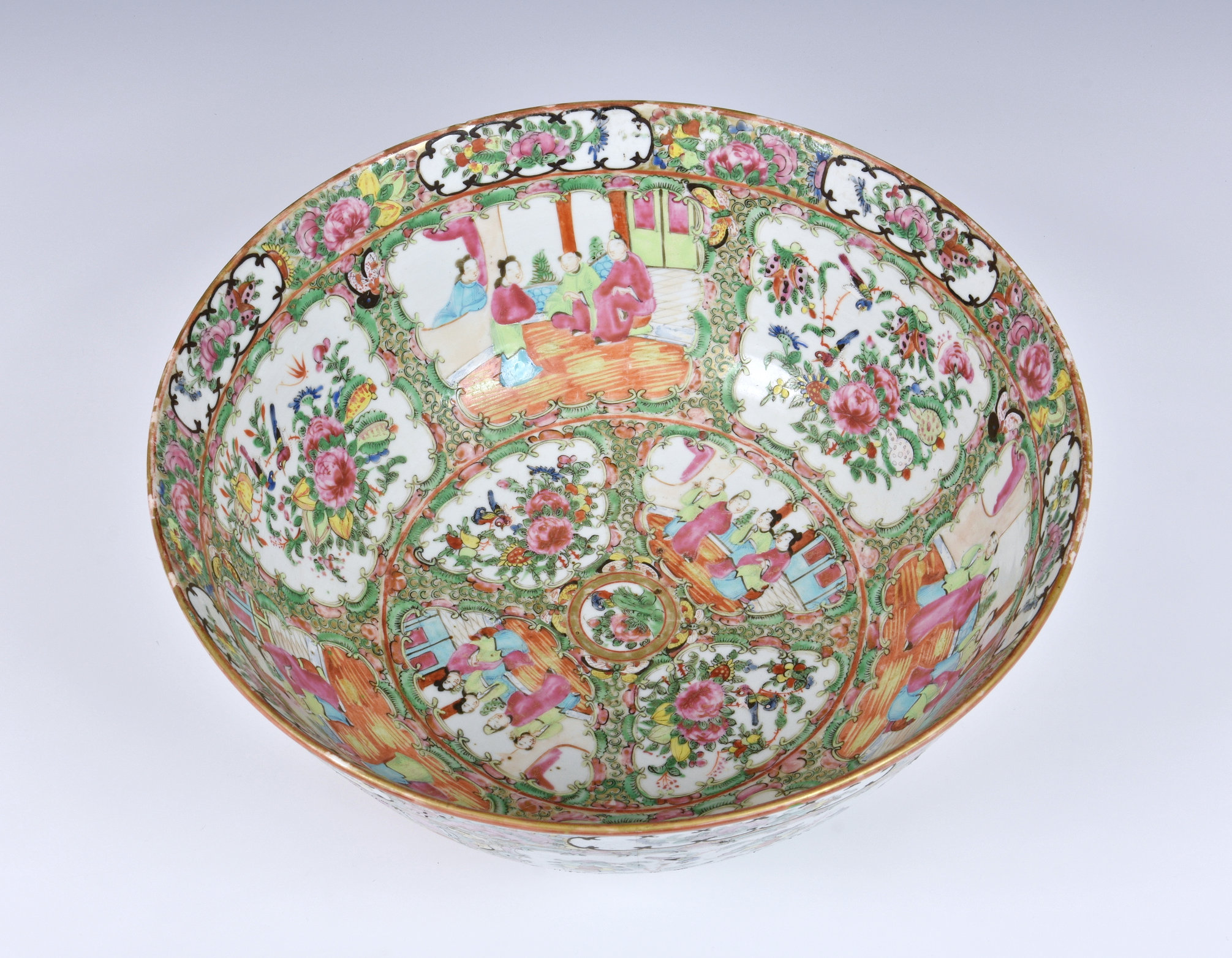 A large Chinese Canton famille rose punch bowl, 19th century, typically enamelled with alternate - Image 3 of 7