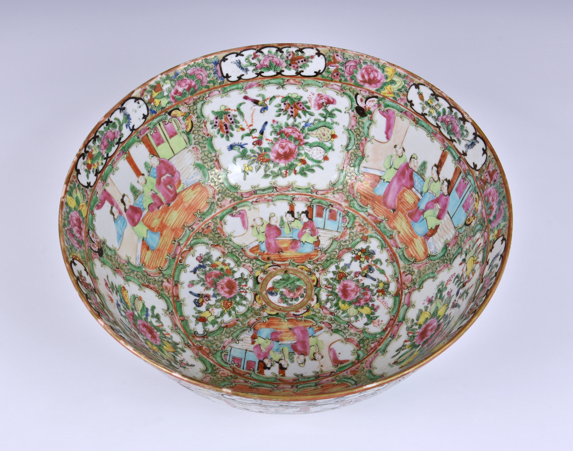 A large Chinese Canton famille rose punch bowl, 19th century, typically enamelled with alternate - Image 7 of 7