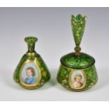 A Bohemian gilded green glass portrait scent bottle, late 19th century, of flared, tapered form, the
