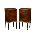 A pair of French Louis XVI walnut, ebonised and parcel gilt bedside cabinets, with a single drawer