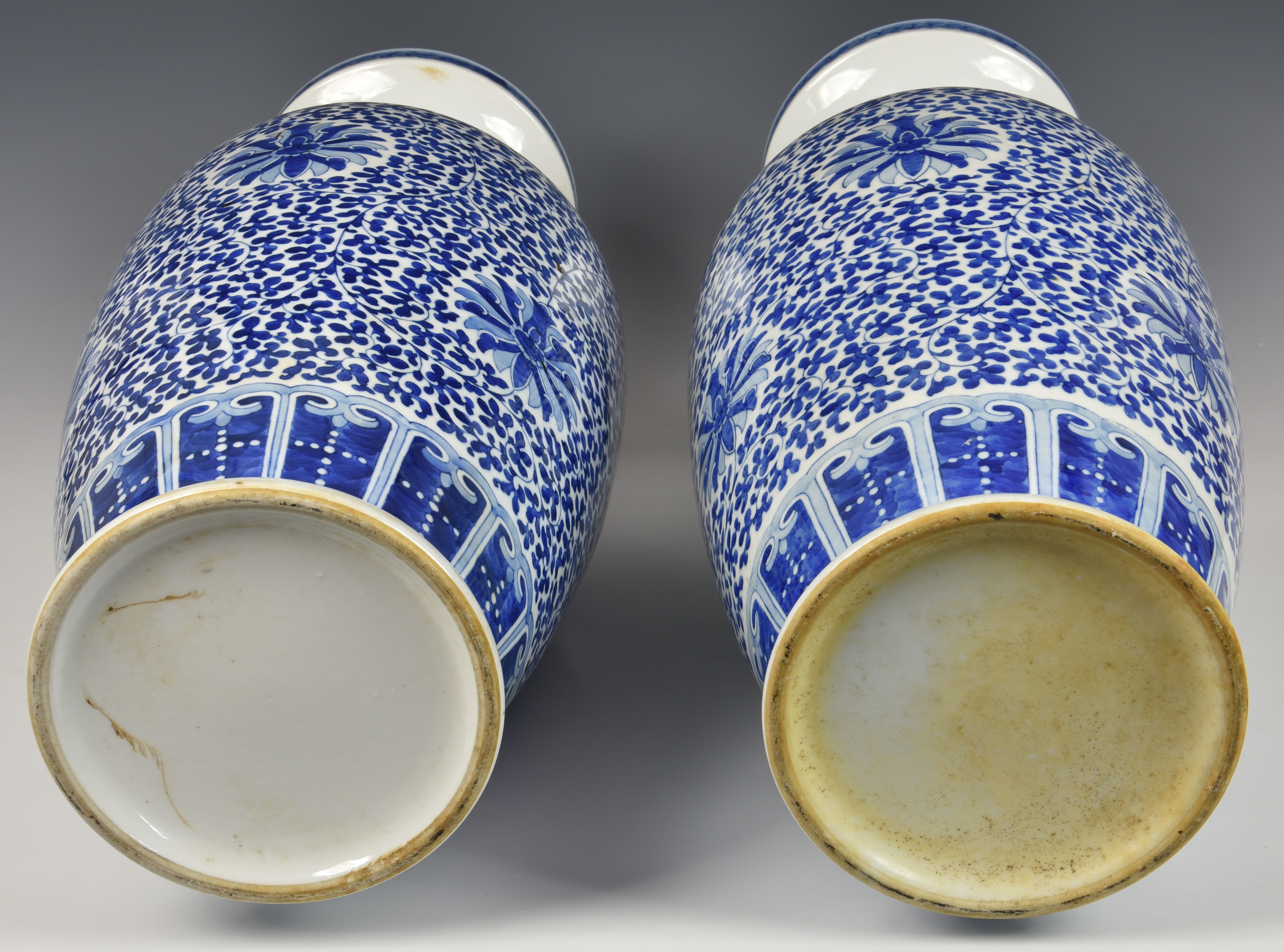 A pair of large Chinese blue and white lotus scroll baluster vases, 20th century, decorated with - Image 3 of 3