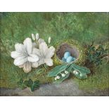 Oliver Clare (1853-1927), Still life of a bird’s nest, magnolia and lily-of-the-valley oil on