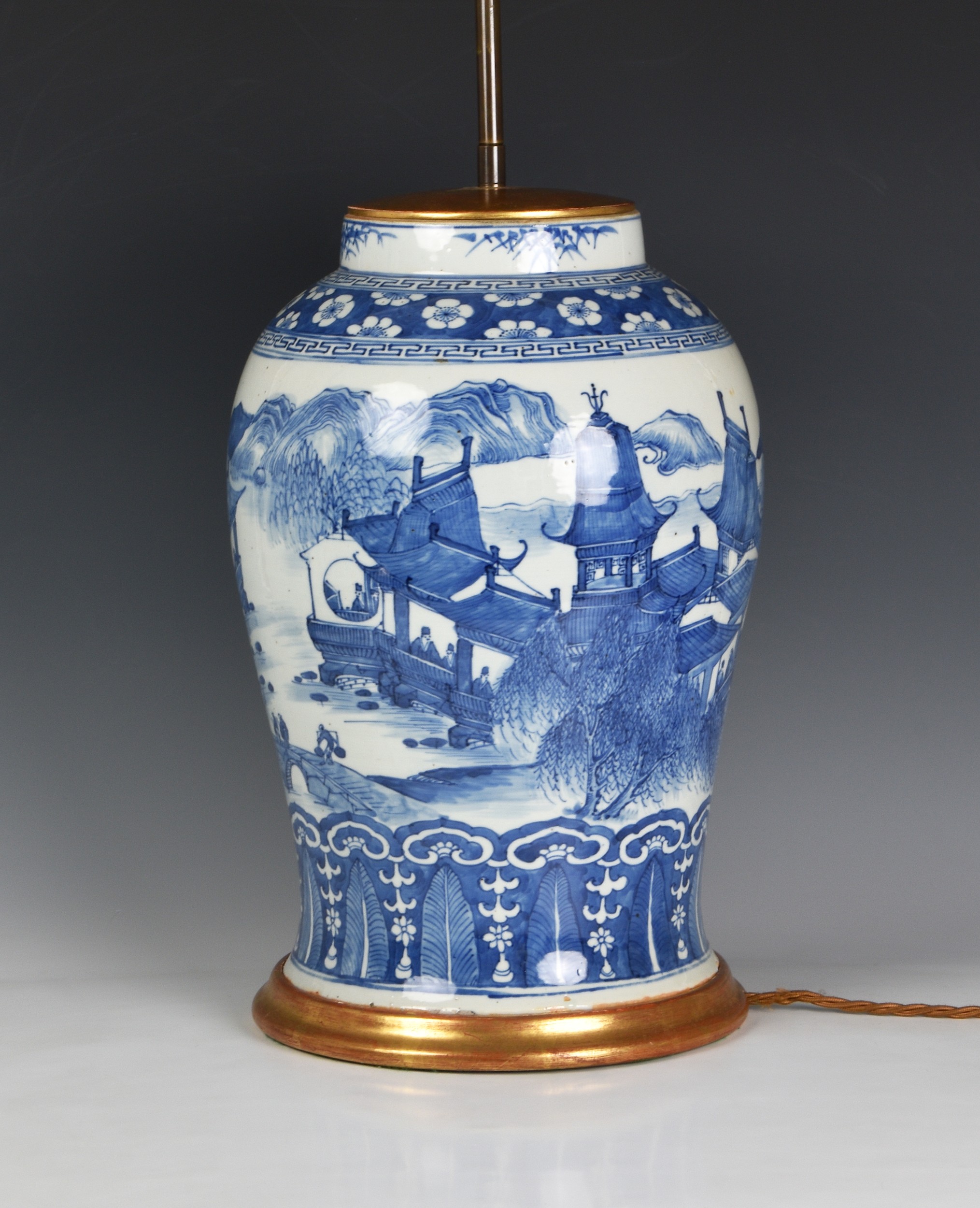 A large Chinese blue and white vase lamp, the vase probably 19th century, of stout baluster form, - Image 3 of 6