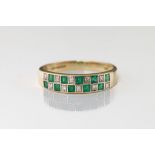 A 9ct gold, diamond and emerald half-eternity ring, of checkerboard design, with an alternating