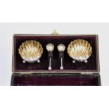 A cased pair of Victorian open salts fashioned as scallop shells, H. Bros, Birmingham, 1896, each