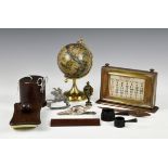 A rummage box of vintage collectables, comprising a red leather covered string box; small globe;