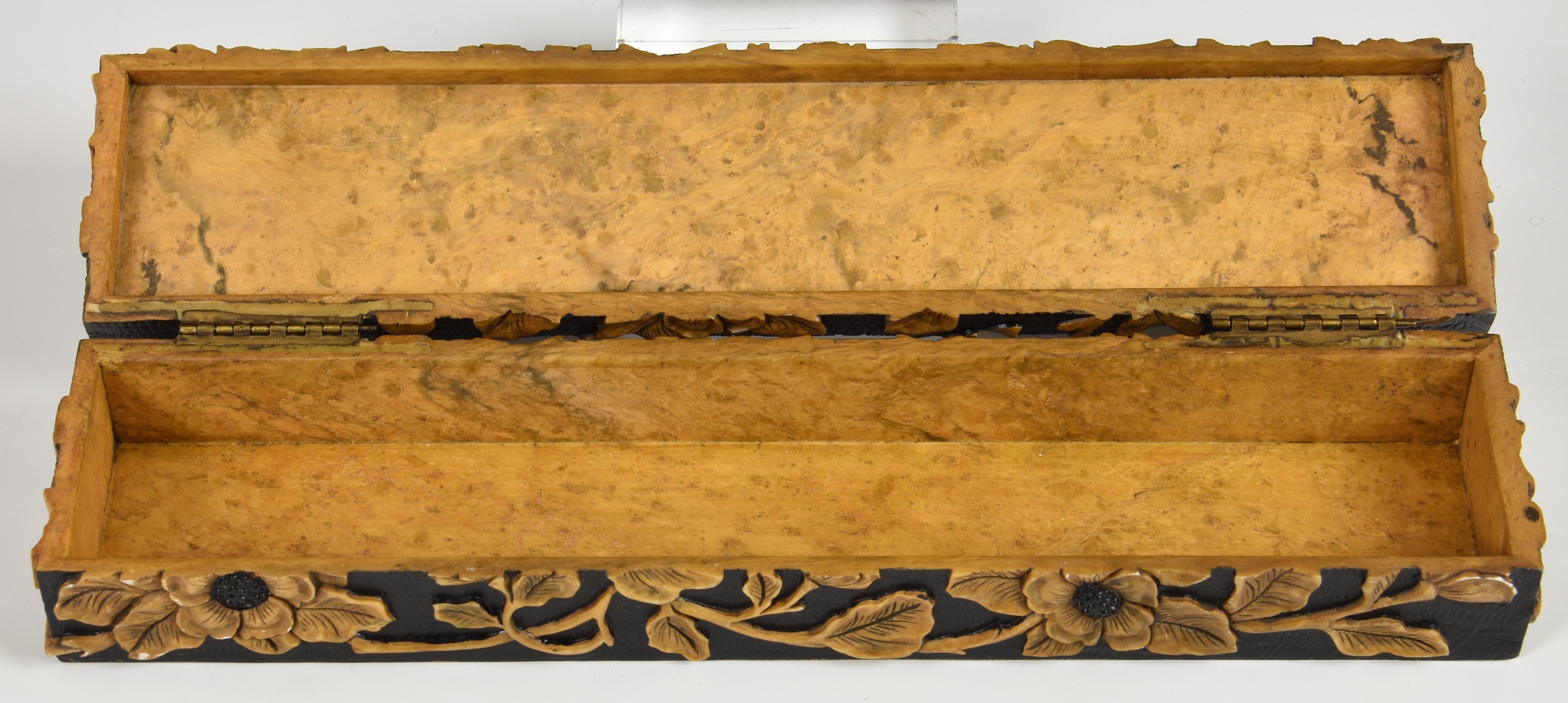 A Chinese soapstone brush or glove box, rectangular form, cameo cut with raised floral decoration on - Image 3 of 6