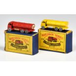 Two Matchbox Lesney 1-75 Series MB11a ERF Road Tankers, one red with small ESSO decal, MW, type A