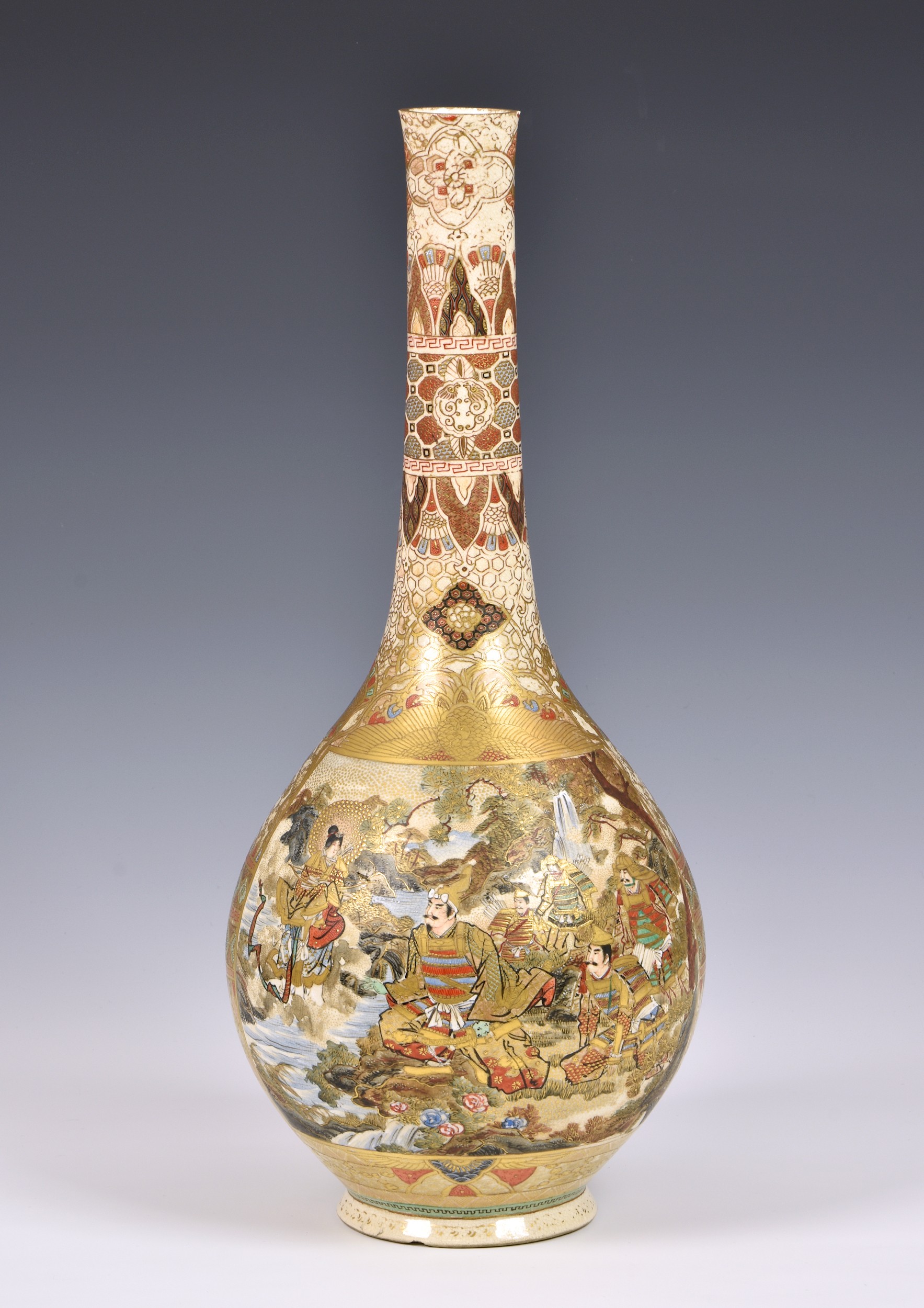 A large Japanese Satsuma bottle vase, Meiji period (1868-1912), signed in iron red with three