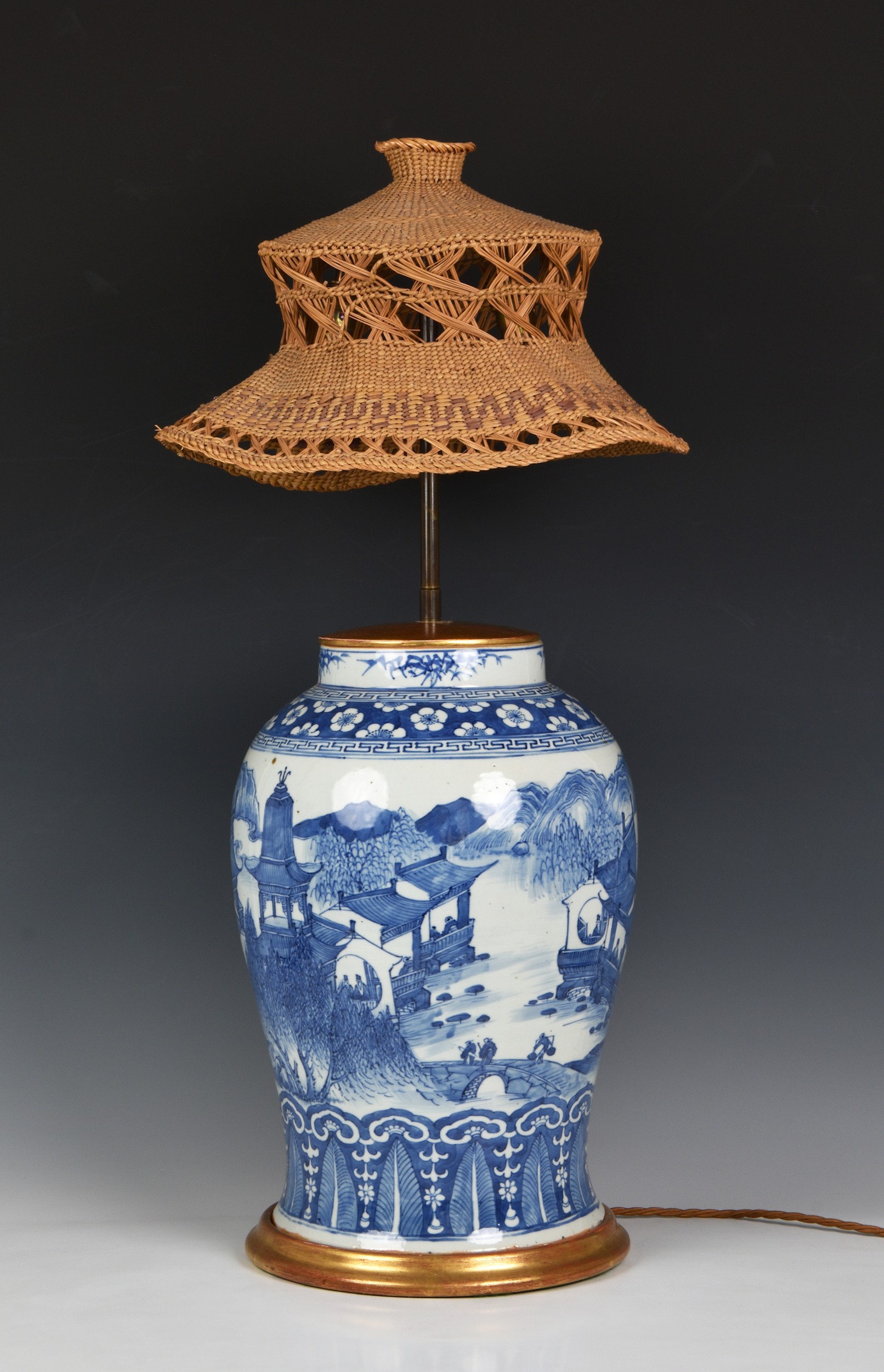 A large Chinese blue and white vase lamp, the vase probably 19th century, of stout baluster form, - Image 6 of 6