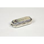 A Continental silver and guilloche enamel coin / stamp holder, elongated hexagonal form, with floral