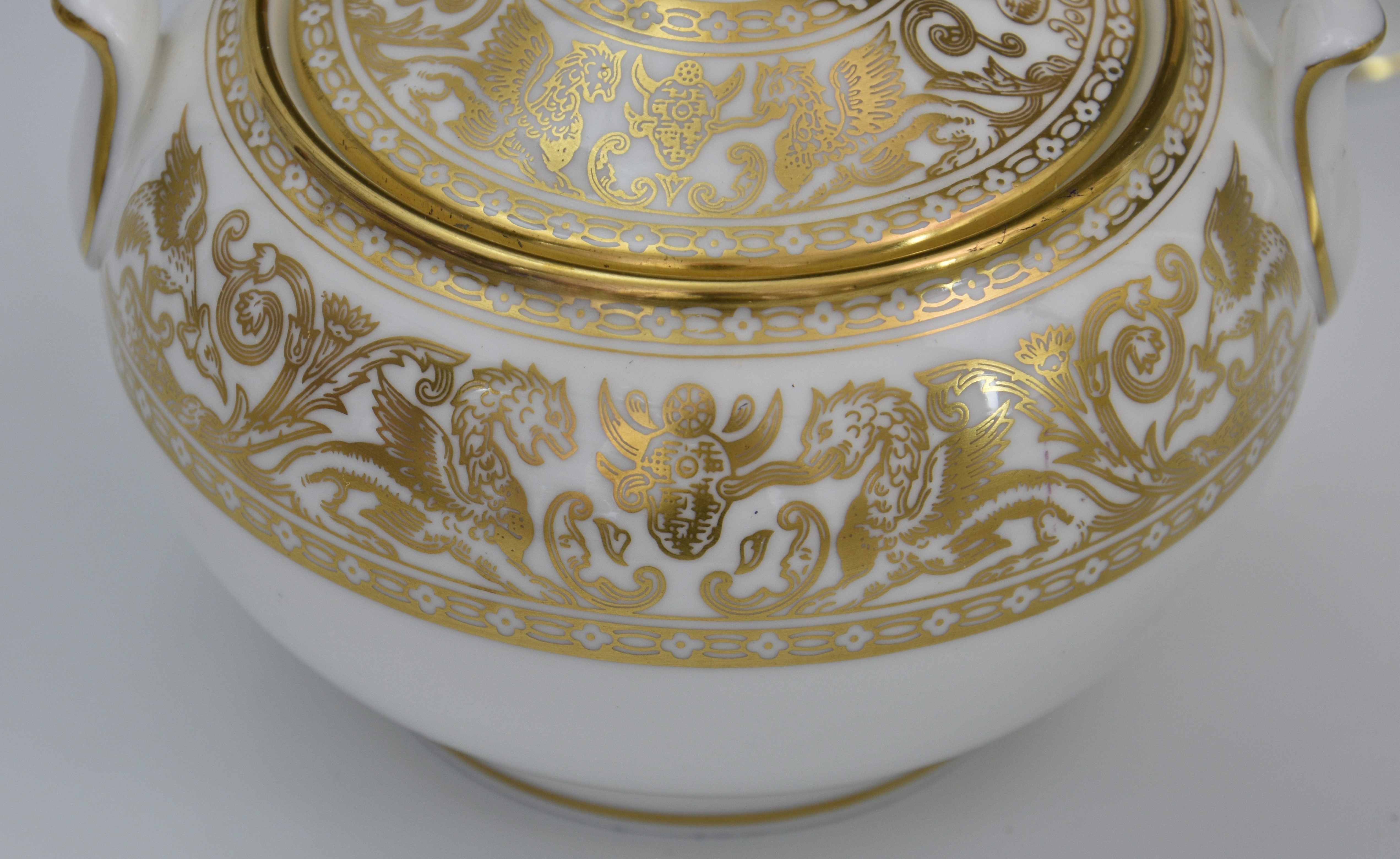 A Wedgwood China 'Gold Florentine' pattern tea service, comprising of teapot, six cups & saucers, - Image 3 of 6