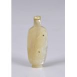 A Chinese mother of pearl snuff bottle, probably 20th century, of elongated ovoid form, decorated