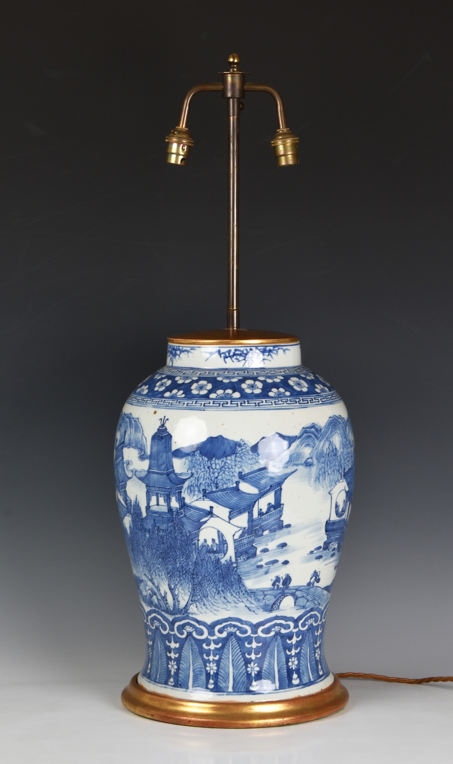 A large Chinese blue and white vase lamp, the vase probably 19th century, of stout baluster form, - Image 2 of 6