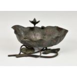A Japanese bronze lotus form ikebana vessel with frog, Meiji period (1868-1912), red and brown