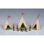 Britains lead Boy Scout figures, 1920s-30s (three G-VG, two kneeling figures lack movable arm); plus