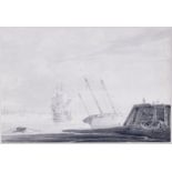 English School, early 19th century, Coastal scene with shipping at low tide, pen and ink and