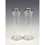 A matched pair of Edwardian silver mounted glass vases, Birmingham, 1909, Wyatt & Co & James Deakin