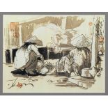 Chinese School (late 20th century) Two street vendors in conical hats, sepia toned watercolour