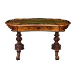 A fine Victorian burr walnut, ebony, ebonised and marquetry kidney shaped writing table