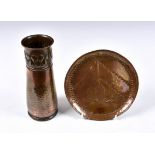 A small Arts and Crafts circular copper card waiter / tray by John Pearson"Newlyn"