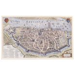 After Sir Peter Paul Rubens, Town plan of the City of Antwerp, hand coloured engraving.