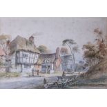 English School, 19th century, Figures in a country Hamlet, watercolour o