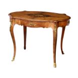 An English walnut, kingwood, marquetry and gilt metal oval centre table,in the Louis XV taste