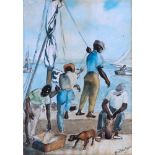 Ann Davison (mid-20th century), Fisherman on a quay, watercolour, signed and dated