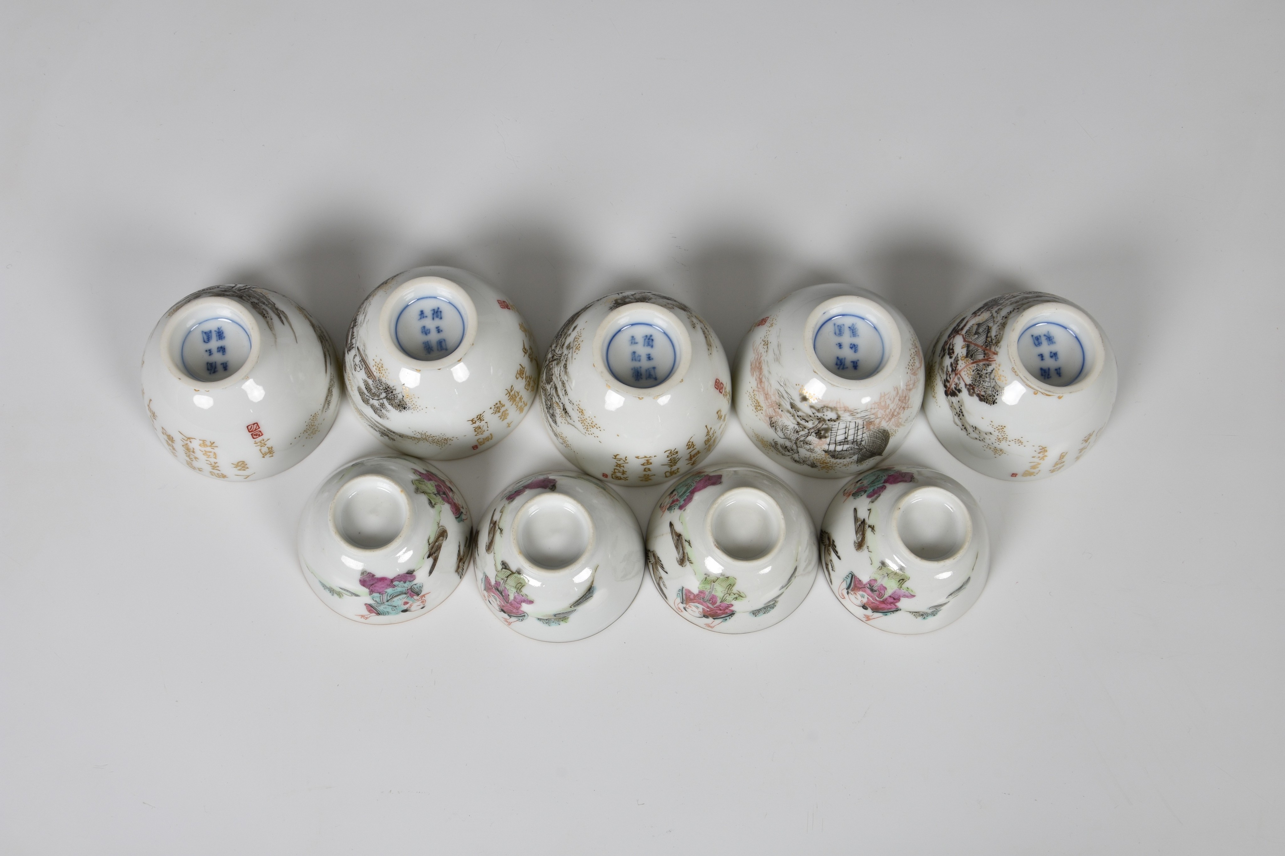 A set of five Chinese porcelain tea bowls, 20th century, finely enamelled in black, iron red and - Image 3 of 3