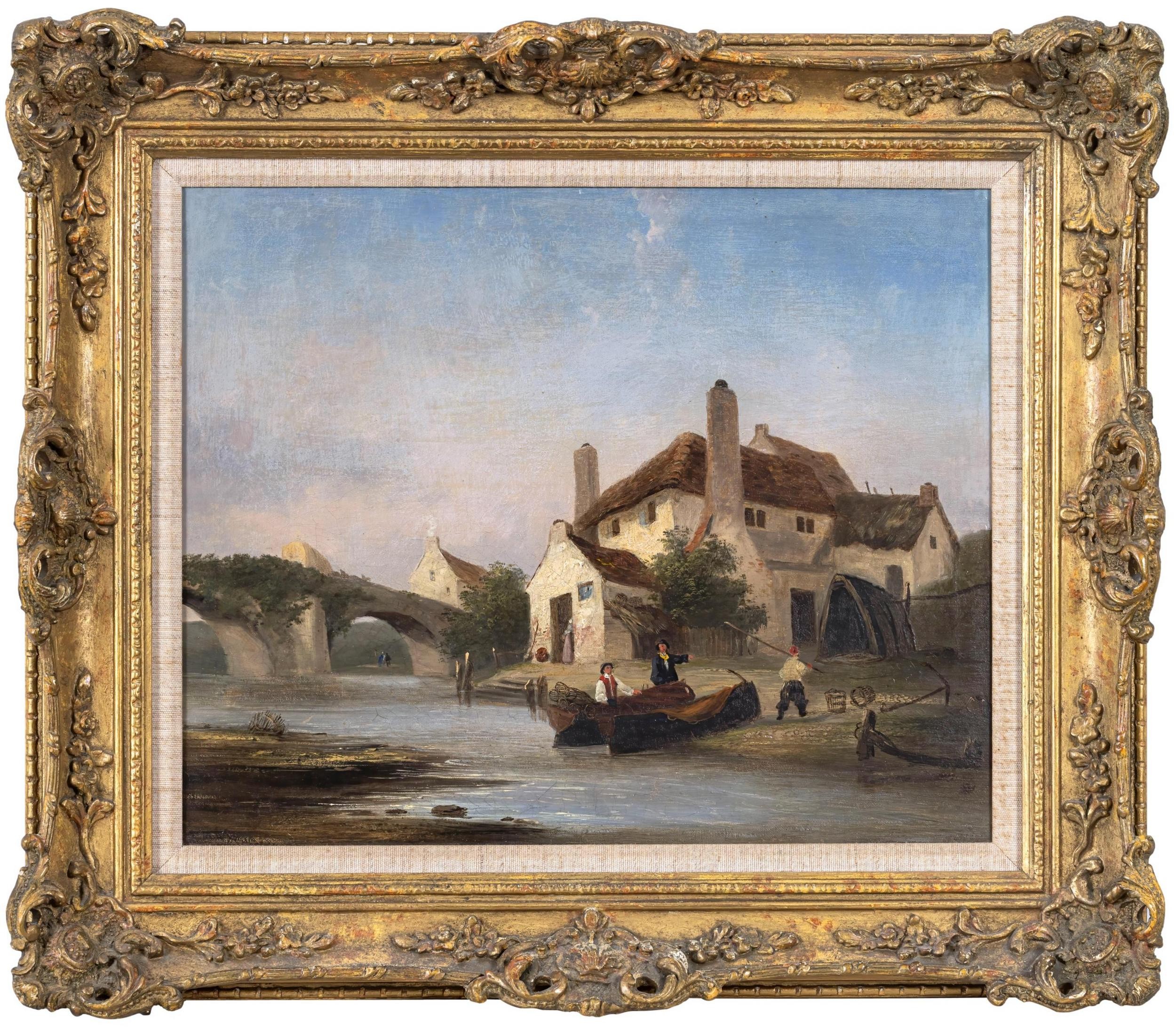 English School (early 19th century), Thatched Cottage by a River oil on canvas, unsigned,