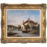 English School (early 19th century), Thatched Cottage by a River oil on canvas, unsigned,