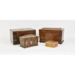 Four antique boxes and caddies, to include a satinwood veneered cigarette box; a mother of pearl