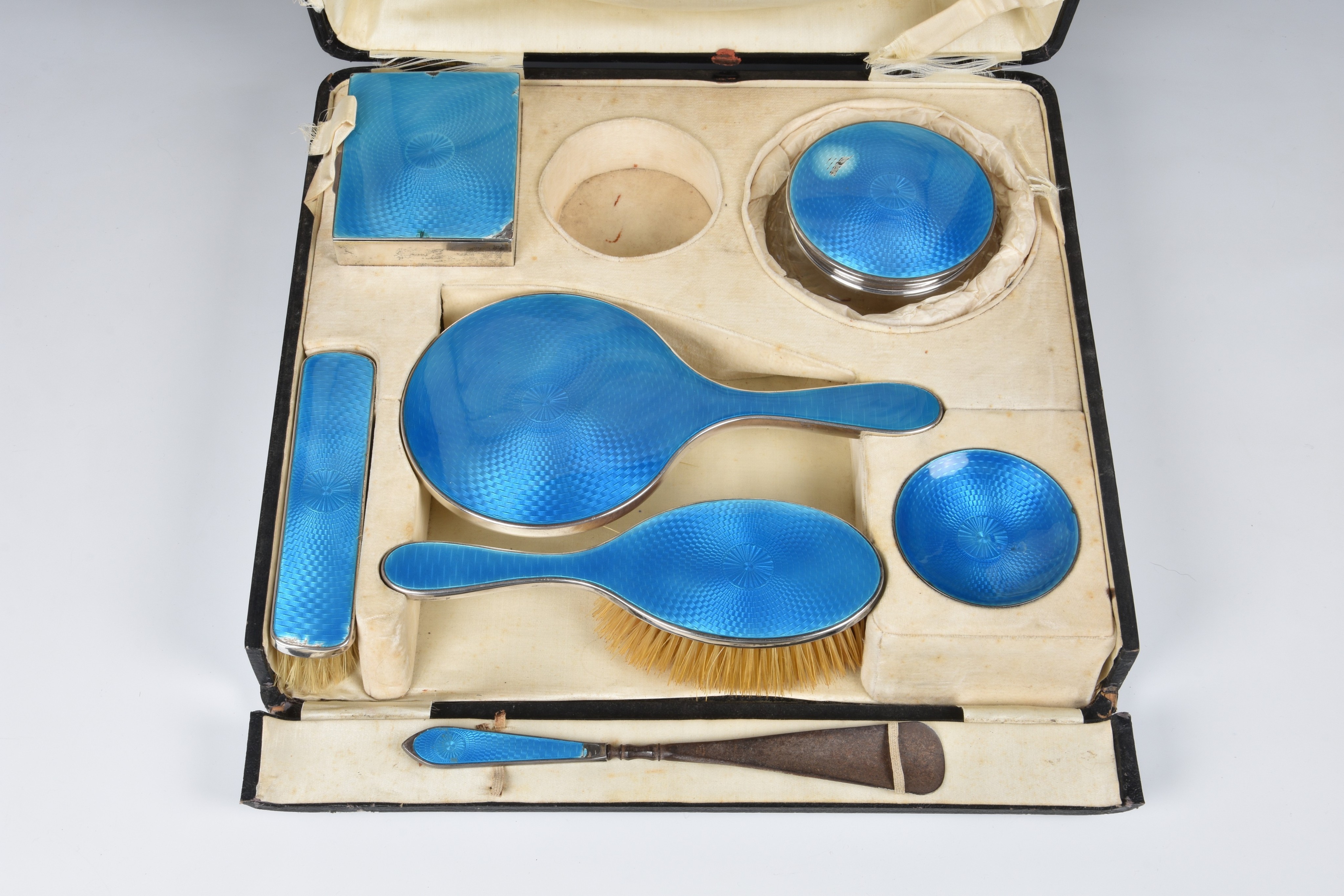 A cased George V silver and guilloche enamel dressing table set, Henry Clifford Davis, Birm. 1924, - Image 2 of 2