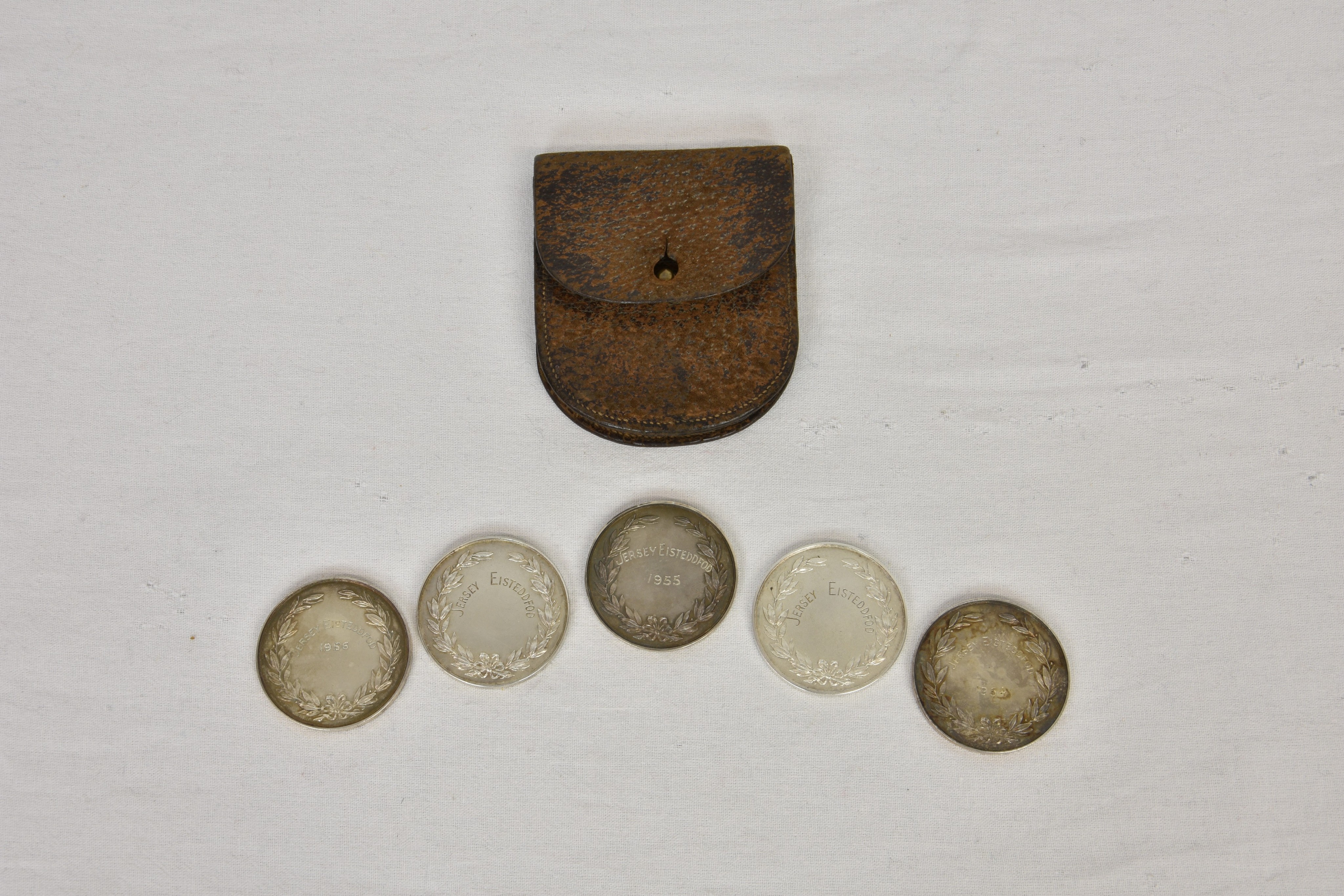 A leather pouch containing five silver Jersey Eisteddfod medals, William James Dingley, - Image 2 of 2