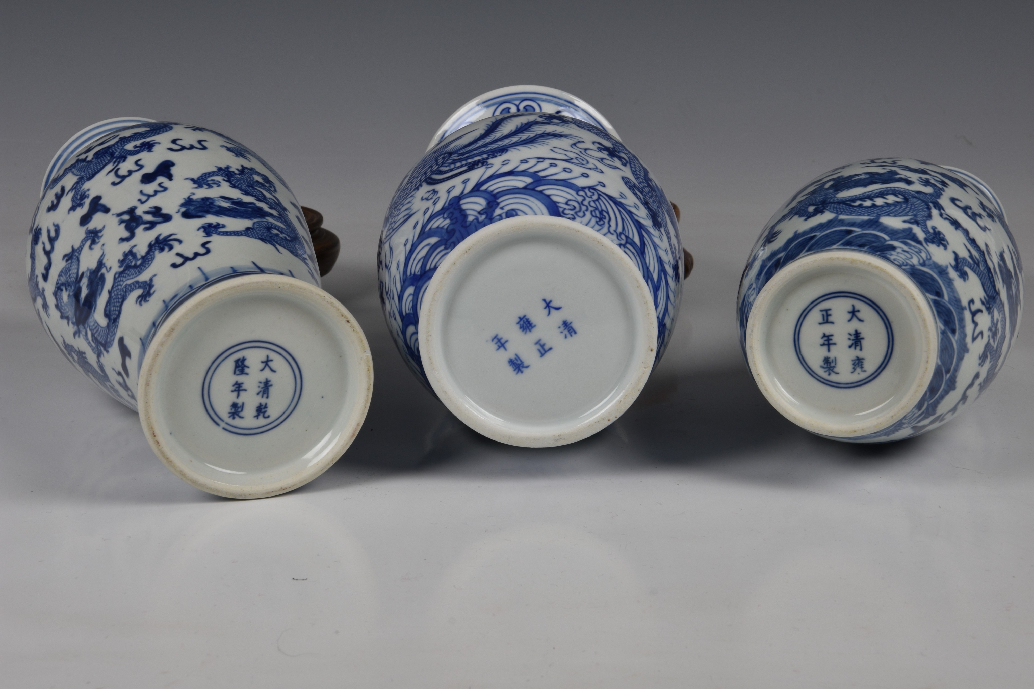 Three Chinese porcelain blue and white vases, 20th century, comprising a baluster vase with six - Image 3 of 3