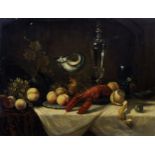 Dutch School, late 18th century, Still life with lobster, exotic fruits, wine jug and platter on a