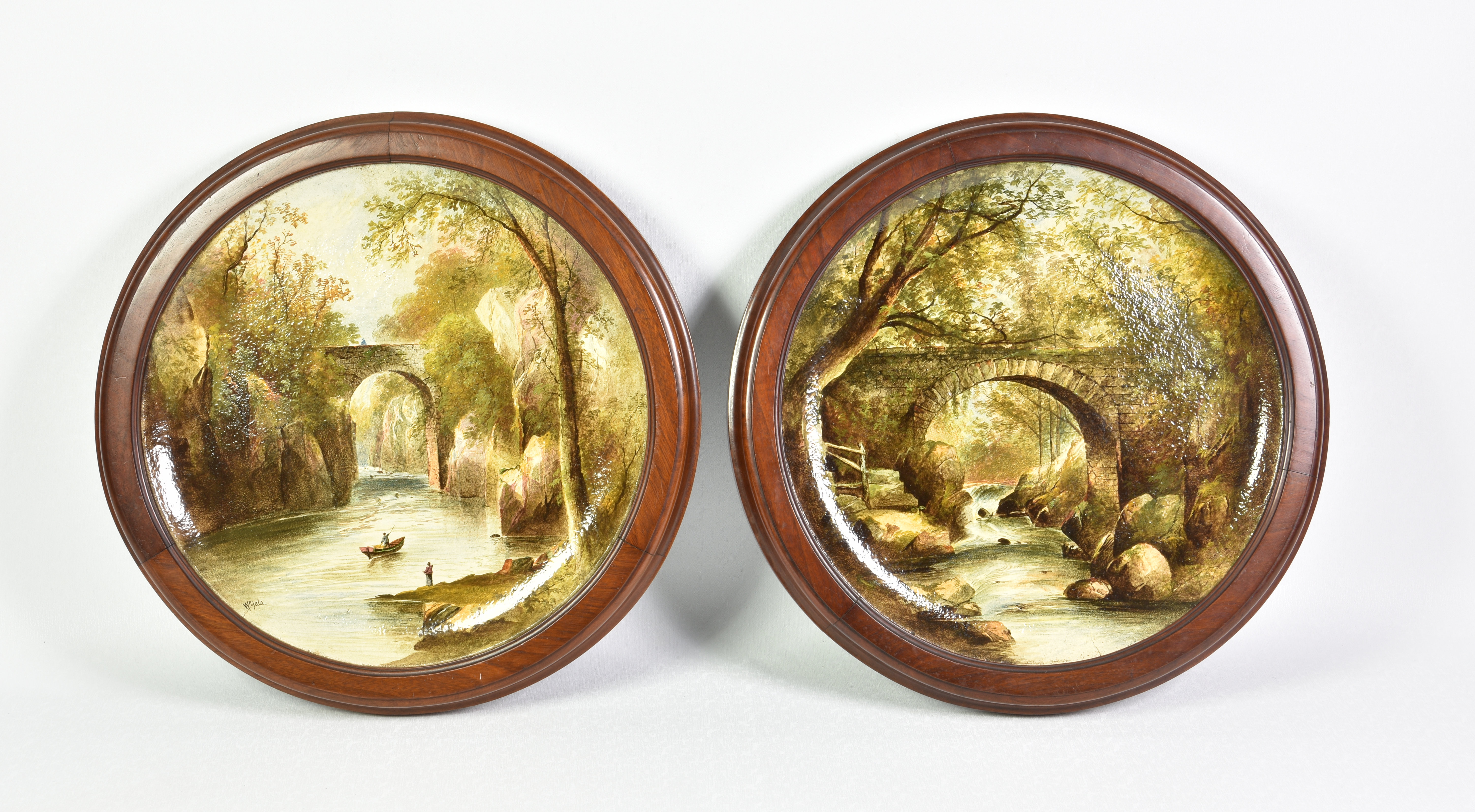 A pair of Copeland Spode Chargers in wooden circular frames, probably concealing marks and titles on