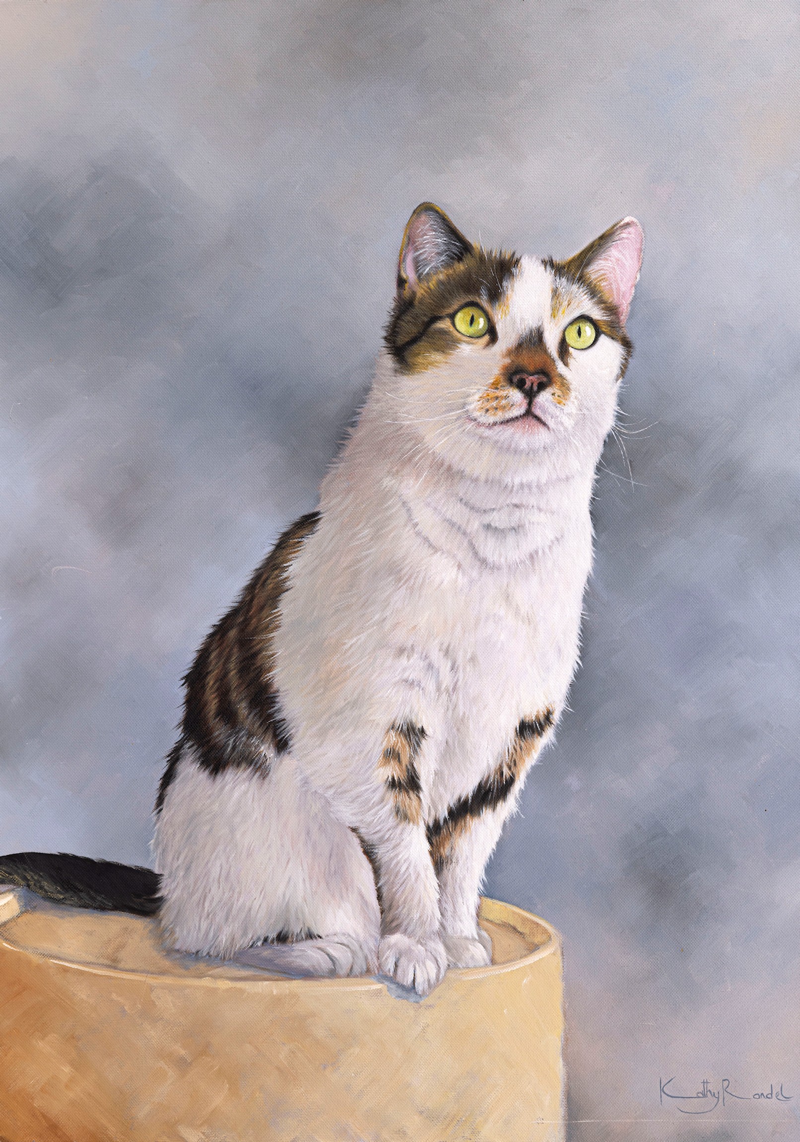 Kathy Rondel (Jersey b. 1948), Portrait of a Tortoise Shell Cat. * oil on canvas, signed lower