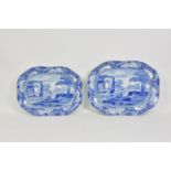Two blue and white Spode shaped rectangular meat platters, each with a scene of figures in a rural