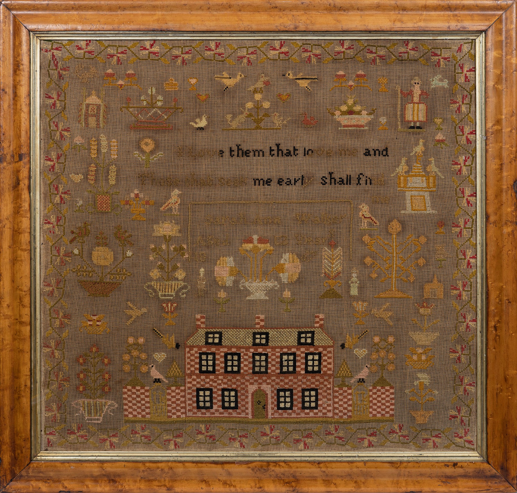 A large Victorian needlework sampler, inscribed 'Sarah Ann Walker Aged 12 Years 1867', with a