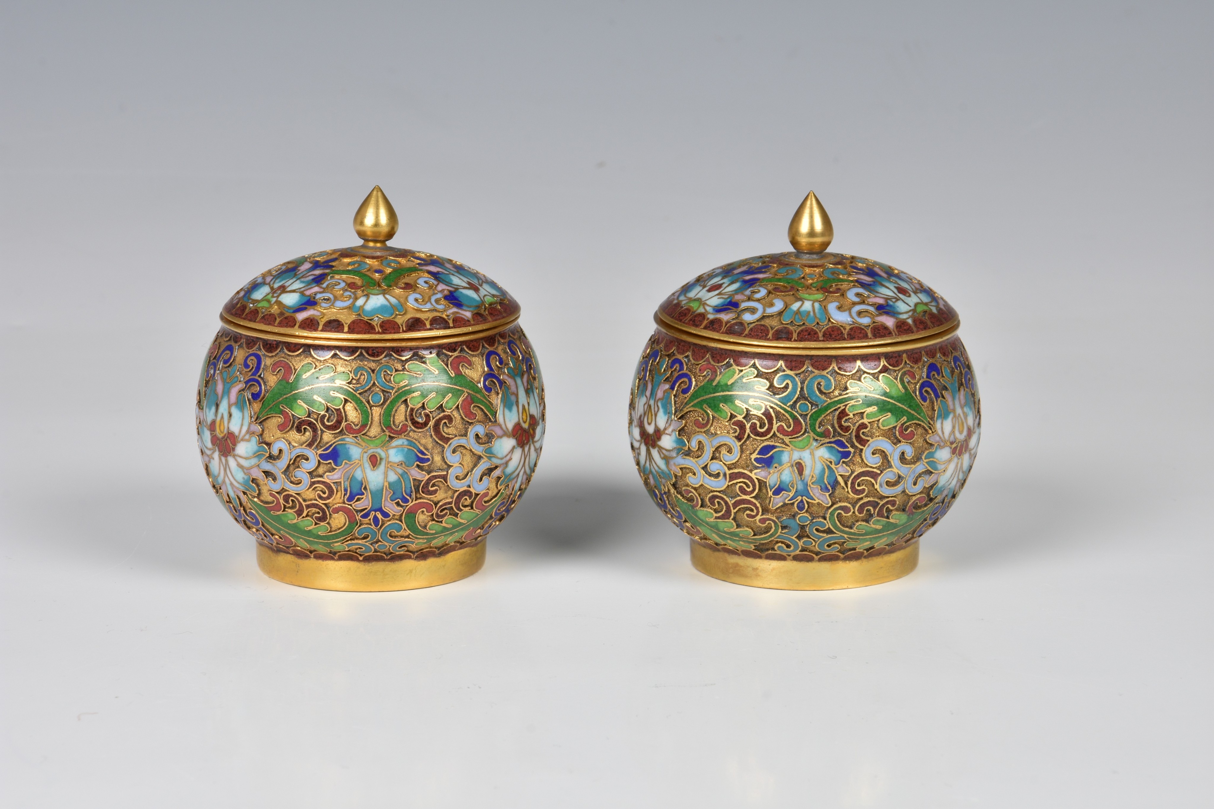 A pair of miniature Chinese gilt metal champleve enamel covered jars, 20th century, of globular - Image 2 of 4