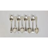 Eight Irish silver fiddle pattern table spoons, James Scott, Dublin 1818, with Gore crest to