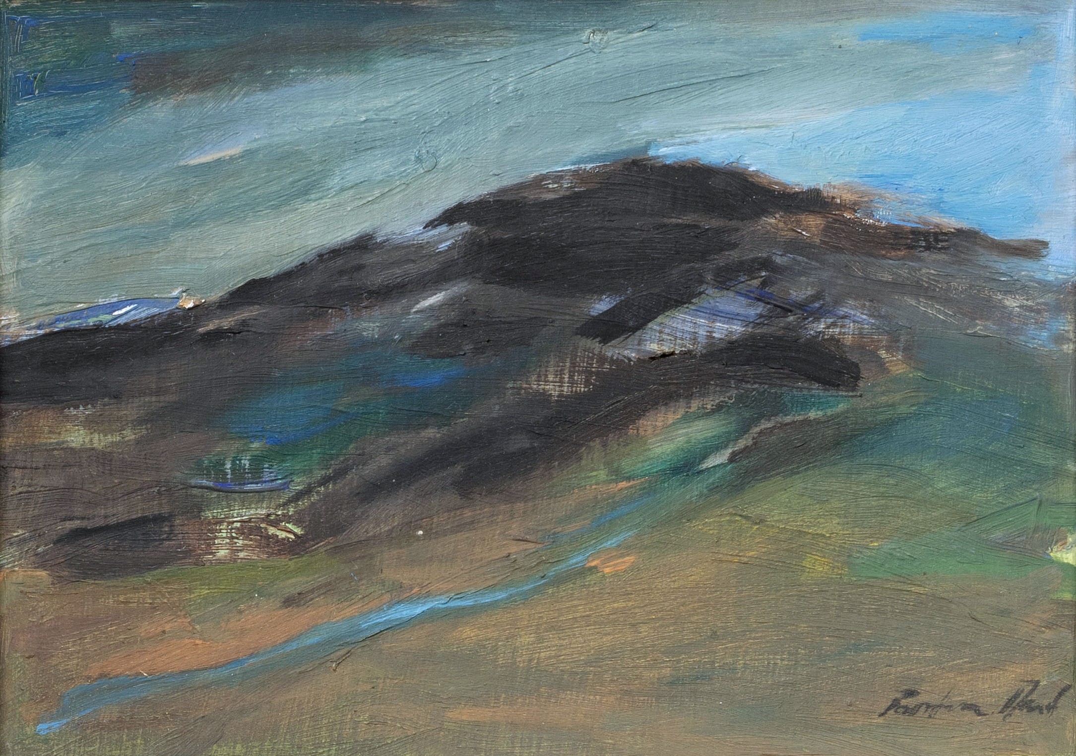Pandora Mond (Scottish, b.1959), Mountain landscape. oil on board, signed lower right. 4 5/8 x 6½in.