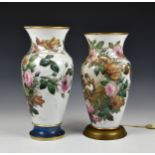 Two floral decorated Bohemian opaline glass vases with cherubs, one converted to a lamp (