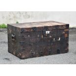 An iron-bound, stained pine silver chest, with baize lined tray, 30 x 18½ x 17½in. (76.2 x 47 x 44.