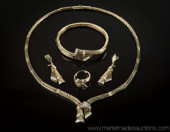 A 14ct yellow gold Greek key design and CZ parure of jewellery, comprising a necklace, a bangle, a