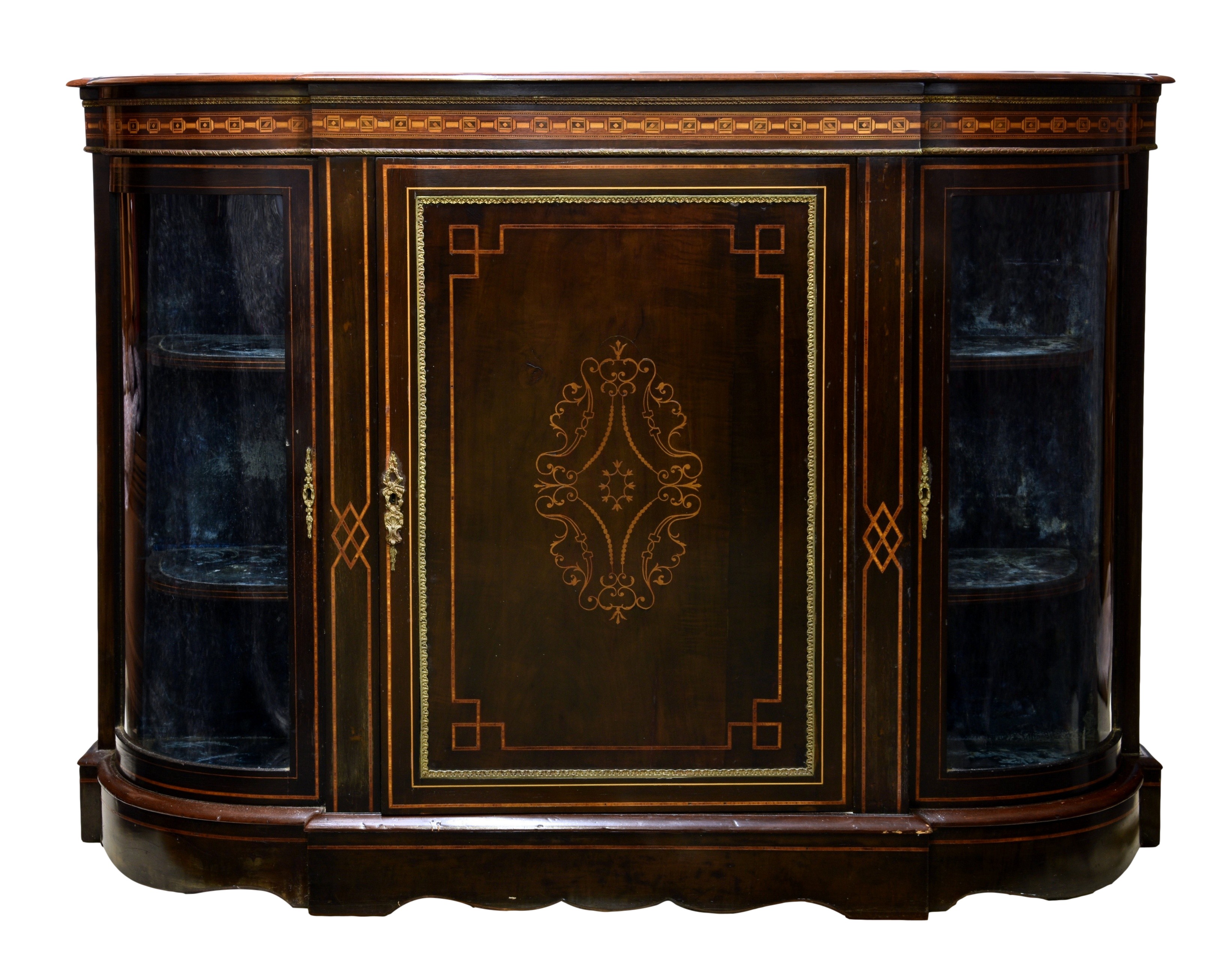 A Victorian mahogany, marquetry and parquetry breakfront credenza, the moulded top over a